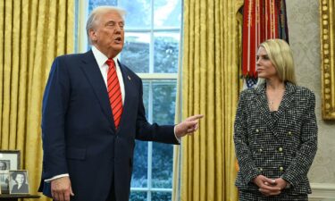 President Donald Trump speaks after Pam Bondi was sworn in as US Attorney General in the Oval Office of the White House in Washington