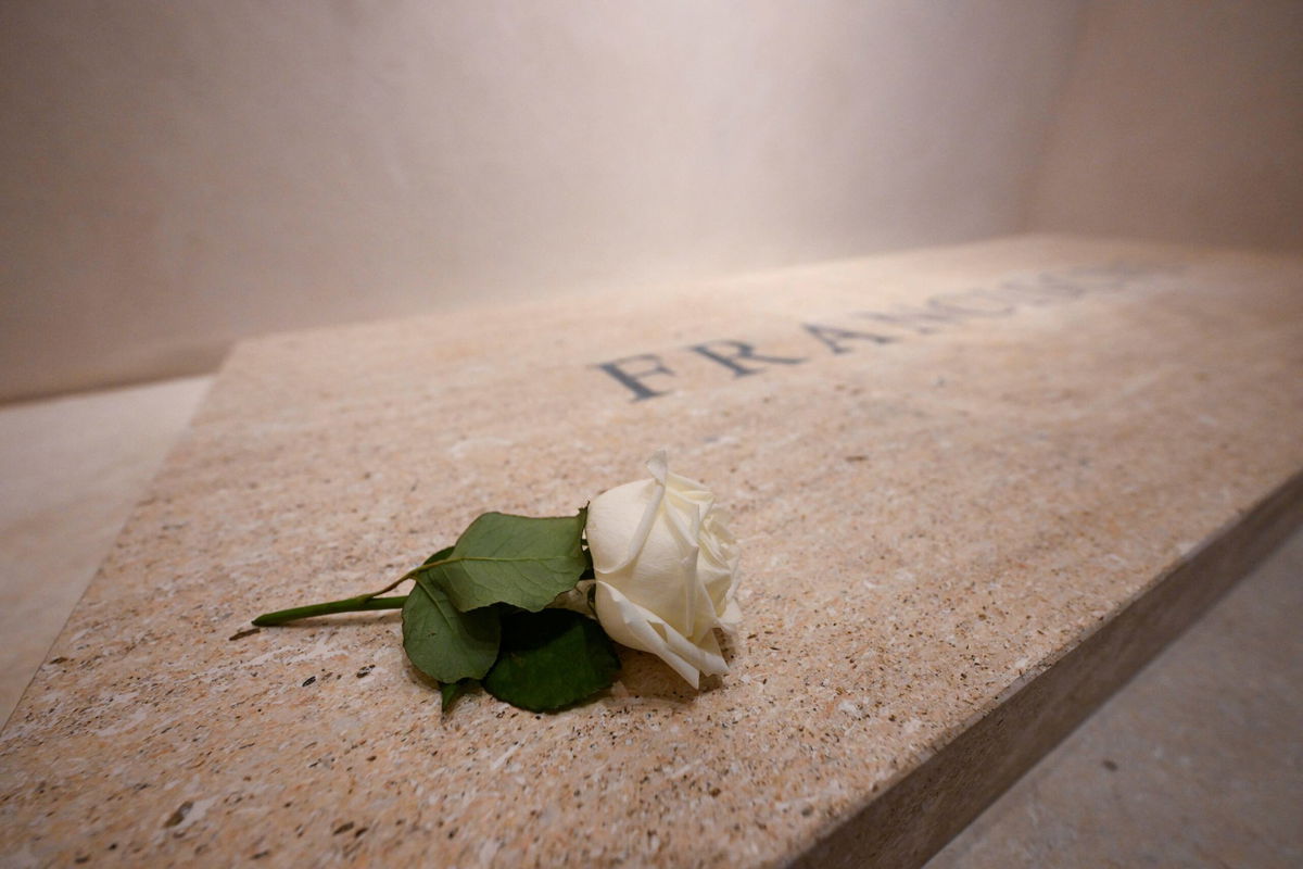 <i>Francesco Sforza/Vatican Media via Reuters via CNN Newsource</i><br/>A white rose is placed on Pope Francis' tomb in the Papal Basilica of Saint Mary Major.
