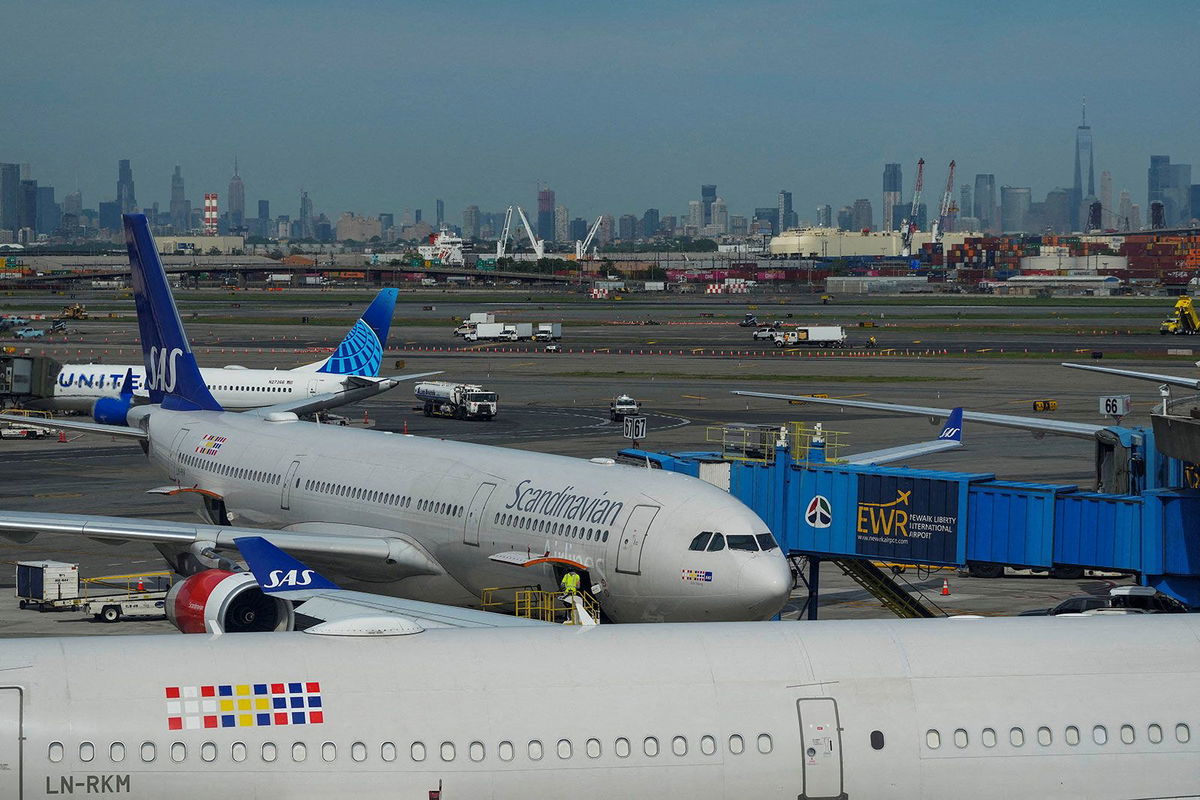 <i>Eduardo Munoz/Reuters/File via CNN Newsource</i><br/>Planes on the tarmac at Newark Liberty International Airport in Newark