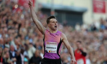 Warholm celebrates winning the 300m hurdles at the Oslo Diamond League.