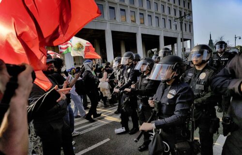 California National Guard are positioned at the federal building on June 10 in downtown Los Angeles.