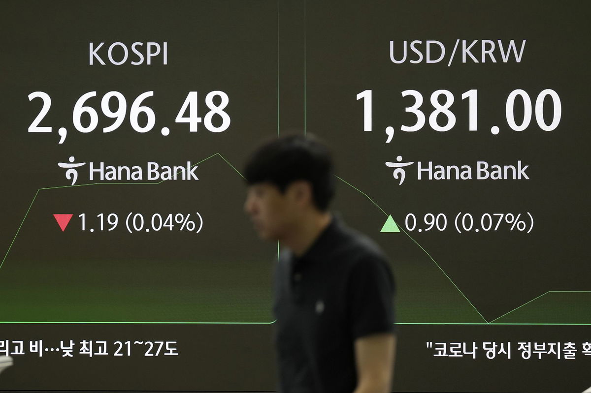 <i>Lee Jin-man/AP via CNN Newsource</i><br/>Screens showing South Korea's KOSPI stock index
