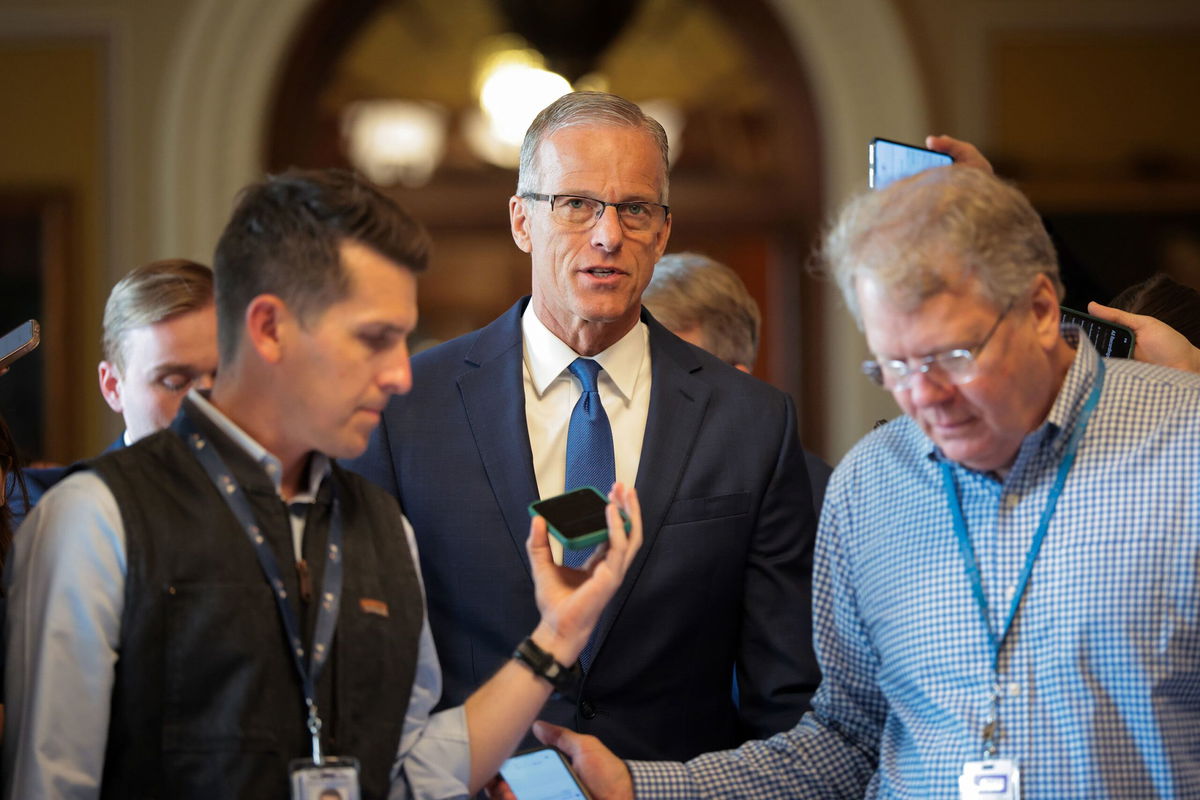 <i>Kayla Bartkowski/Getty Images via CNN Newsource</i><br/>US Senate Majority Leader John Thune speaks to press after leaving the Senate Chambers in Washington