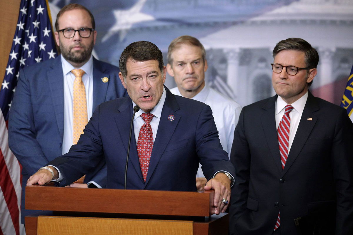 <i>Alex Wong/Getty Images/File via CNN Newsource</i><br/>Rep. Mark Green speaks as Rep. Jason Smith