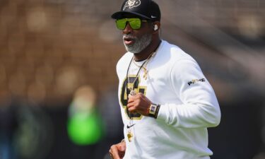 Sanders appears at an NCAA college football spring game in April.