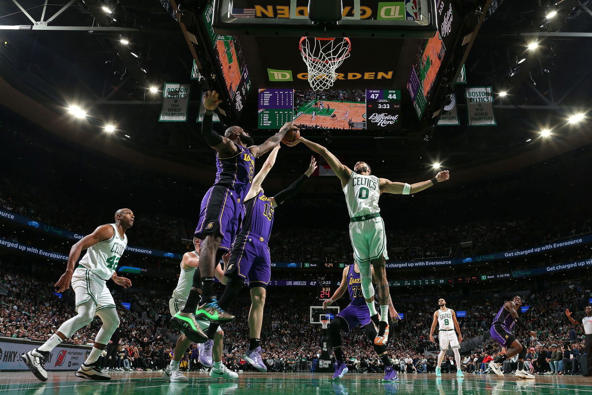 <i>Nathaniel S. Butler/NBAE/Getty Images via CNN Newsource</i><br />Jayson Tatum (0) of the Boston Celtics rebounds during the game against the Los Angeles Lakers on March 8