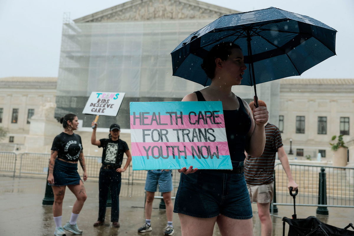 <i>Anna Moneymaker/Getty Images via CNN Newsource</i><br/>A protester holds a sign in support of gender-affirming care for transgender youth outside of the U.S. Supreme Court Building on June 18 in Washington