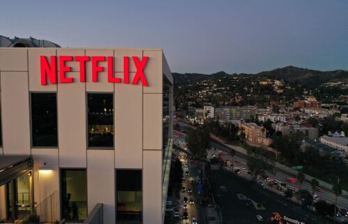The Netflix logo is seen on top of their office building in Hollywood