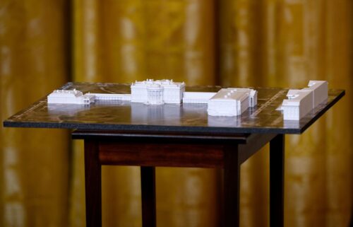 A model of the White House and proposed ballroom is displayed during a fundraising dinner with President Donald Trump in the East Room of the White House on October 15.