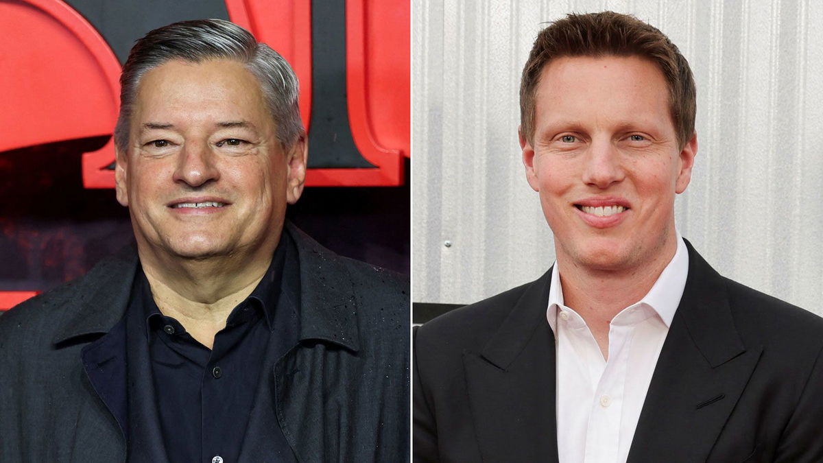 Netflix co-CEO Ted Sarandos (left) and Skydance CEO David Ellison (right) are now rivals in a high-stakes bid for Warner Bros. Discovery. Sources tell CNN that Netflix currently has the highest bid.